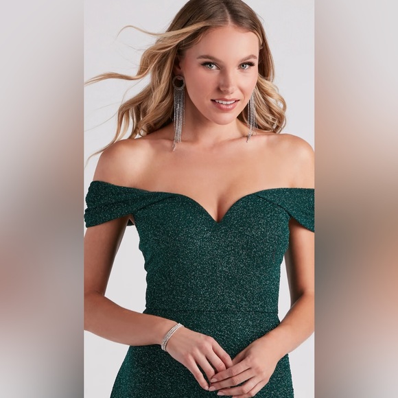 Off-the-Shoulder Glitter Formal Dress - Picture 2 of 4